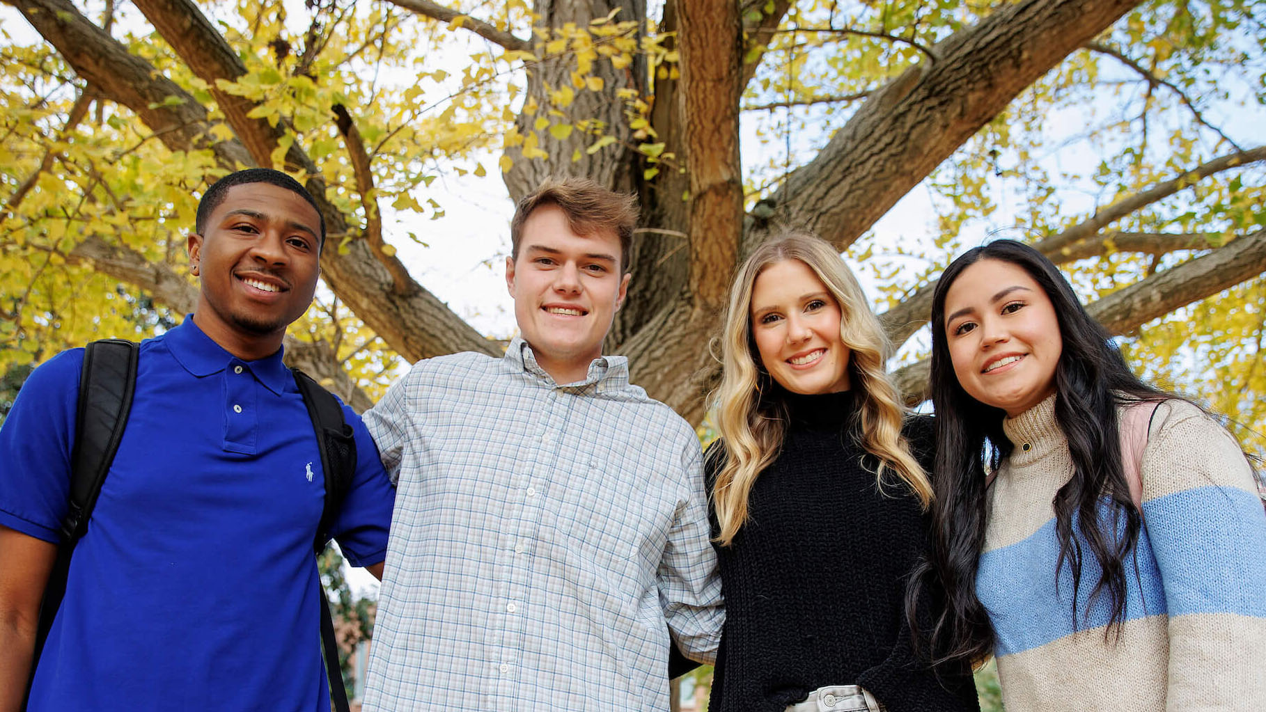 Four smiling students with their arms over each other shoulders.