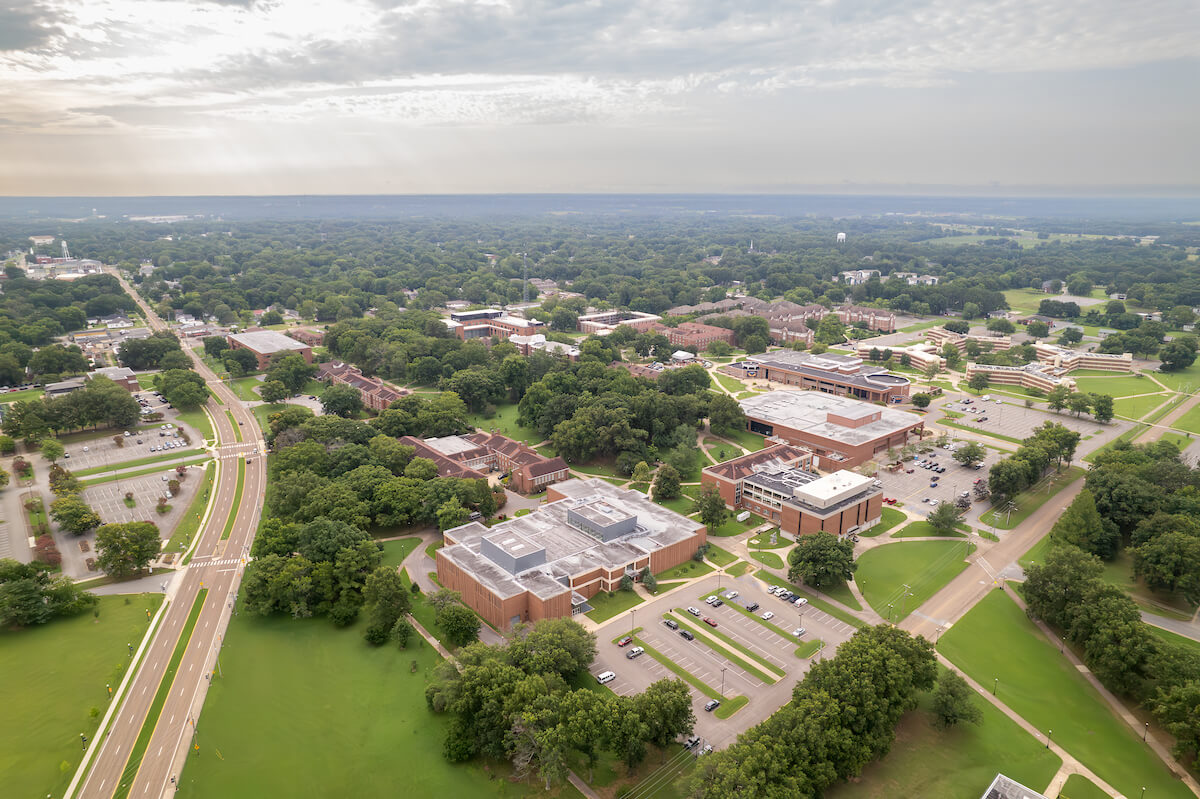 An aerial view of campus included the quad and surrounding buildings.